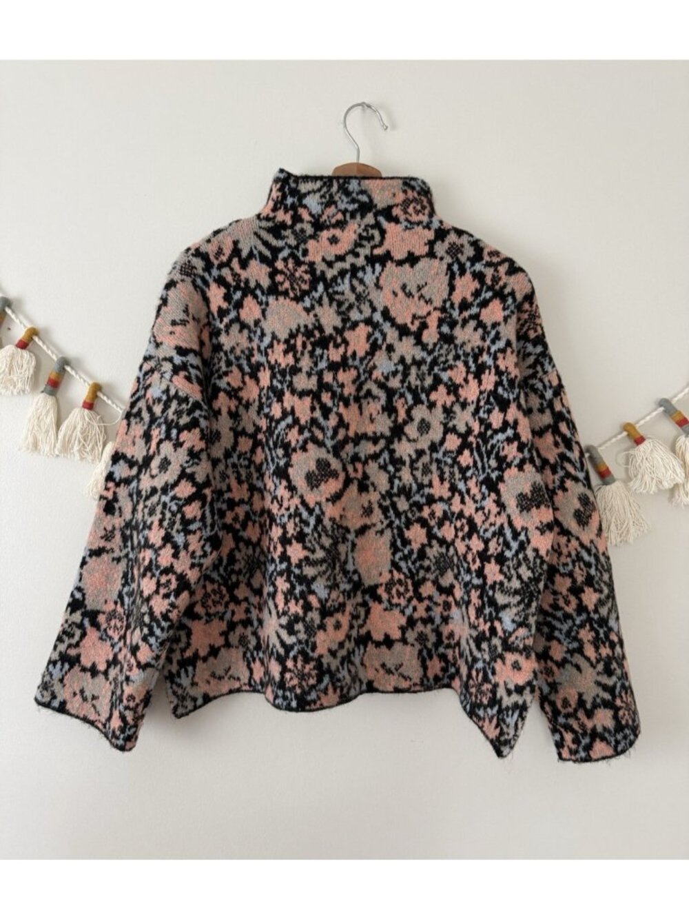Zara Pink and Black Floral Jacquard Crew Neck Sweater